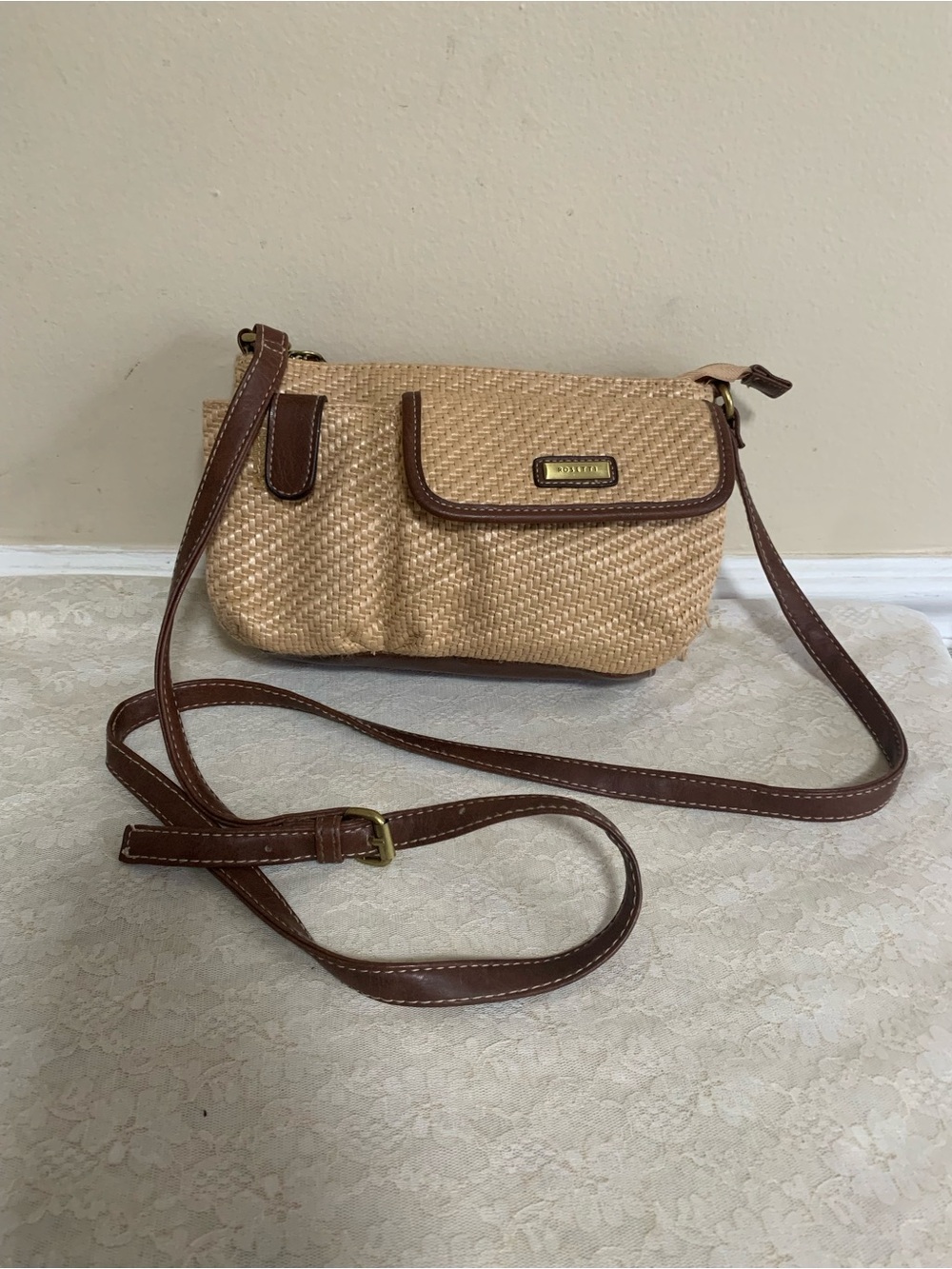Rosetti Woven Straw Crossbody Purse Tan Herringbone Built In Wallet Organizer